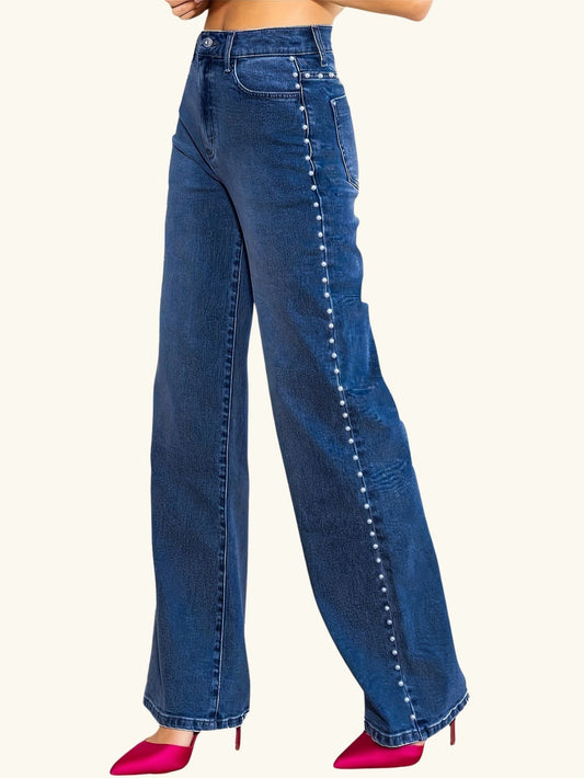 High Waisted Straight Leg Pearl Jeans Tianya Fashion