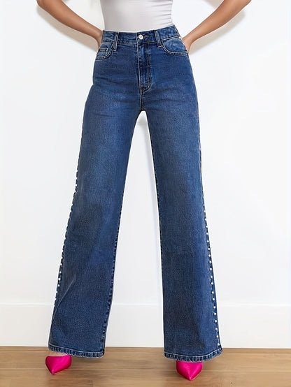 High Waisted Straight Leg Pearl Jeans Tianya Fashion