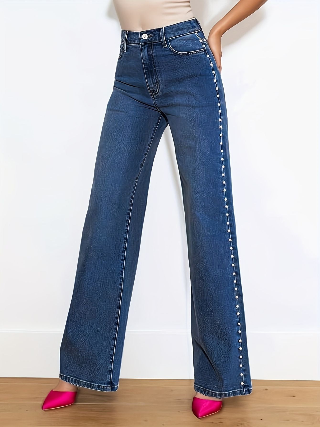 High Waisted Straight Leg Pearl Jeans Tianya Fashion